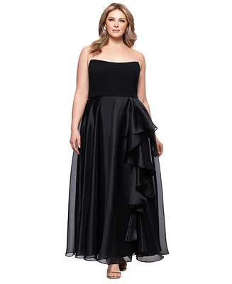Betsy & Adam Plus Mixed-Material Strapless Ball Gown