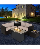 Gymax 5PCS Patio Rattan Furniture Set Fire Pit Table w/ Cover Storage Cushion