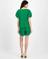 Anne Klein Womens Pull On Pleated Shorts Pleated Bubble Sleeve Blouse