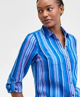 Charter Club Women's Magnolia Button-Down Roll-Tab-Sleeve Woven 100% Linen Top, Exclusively at Macy's