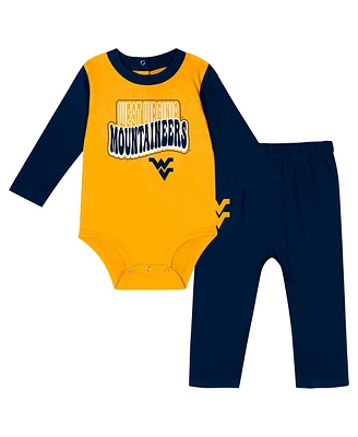 Outerstuff Baby Boys and Girls Navy West Virginia Mountaineers Double Up Long Sleeve Bodysuit Pant Set