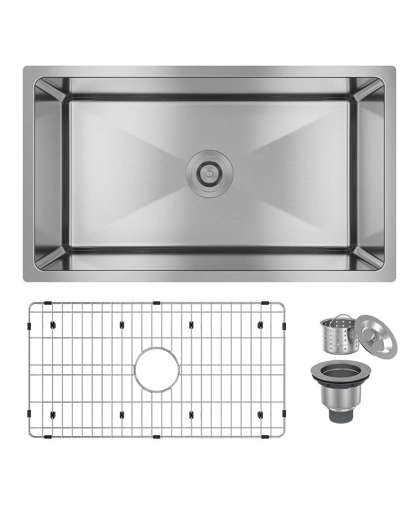 31-Inch Stainless Steel Sink Under The Table Single Grooves Thick 18Ga With Drain Grid And Drainer