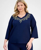 Jm Collection Plus Size Metallic Embroidered V Neck Top Capri Pants Exclusively At Macys
