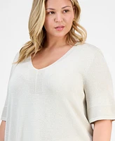 Jm Collection Plus Metallic Shine Elbow-Sleeve Sweater Exclusively at Macy's