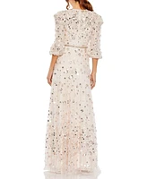 Mac Duggal Women's Floral Applique Puff Sleeve High Neck A-Line Gown