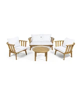 Acacia Patio Set, Table, Cushioned Seating, Teak Finish, White