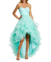 Mac Duggal Women's Strapless Ruched Sweetheart Ruffle High Low Gown