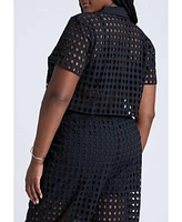 Eloquii Plus Eyelet Short Sleeve Button Up Top