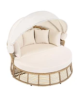 Rattan Round Daybed, Retractable Canopy, Cushions, Patio/Poolside, Beige