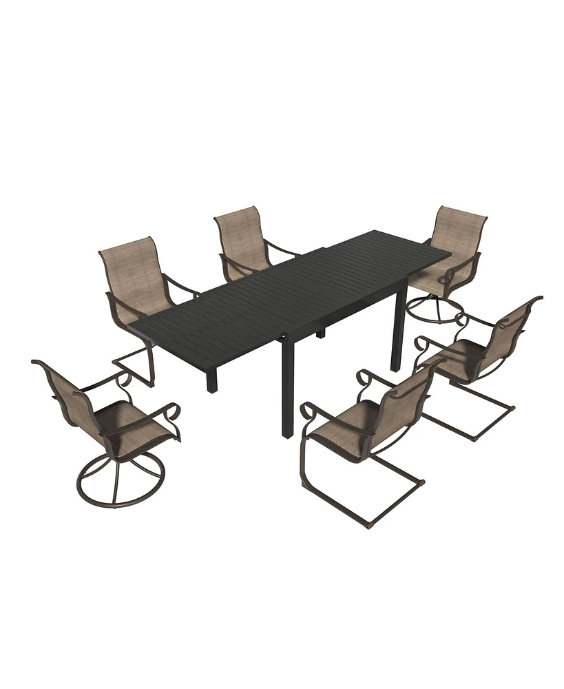 7-Piece Outdoor Dining Set with 53"- 106" Aluminum Extendable Table and Textilene Swivel Chairs C-Spring Chairs