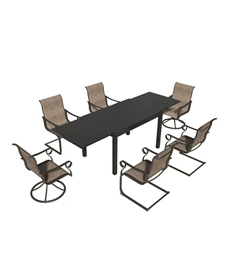 7-Piece Outdoor Dining Set with 53"- 106" Aluminum Extendable Table and Textilene Swivel Chairs C-Spring Chairs