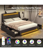 Full Size Bed Frame with Led Lights Wingback Headboard and Charging Station