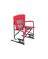 Red portable folding rocker camping chair with drink holder