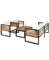 Large 4-pc Outdoor Sofa Set, 5-Person, Metal/Wood Frame, Thick Beige Cushions