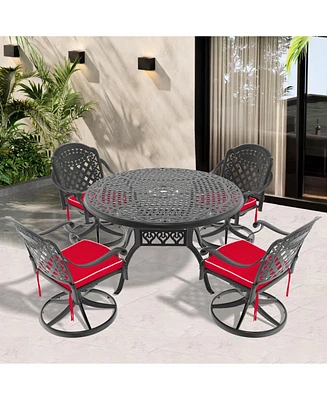 5-Pc Cast Aluminum Dining Set, 4 Swivel Chairs, 48" Round Table, Black Frame