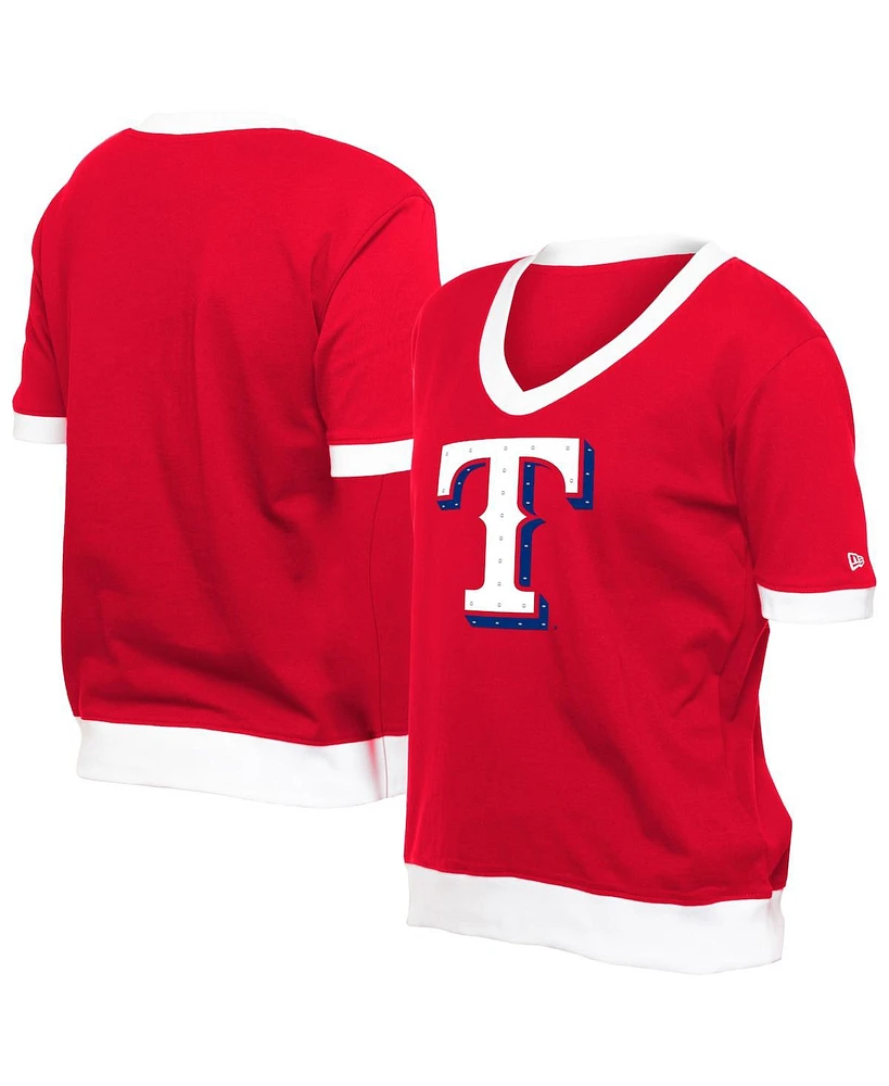 New Era Women's Red Texas Rangers Game Day Rhinestone V-Neck T-Shirt