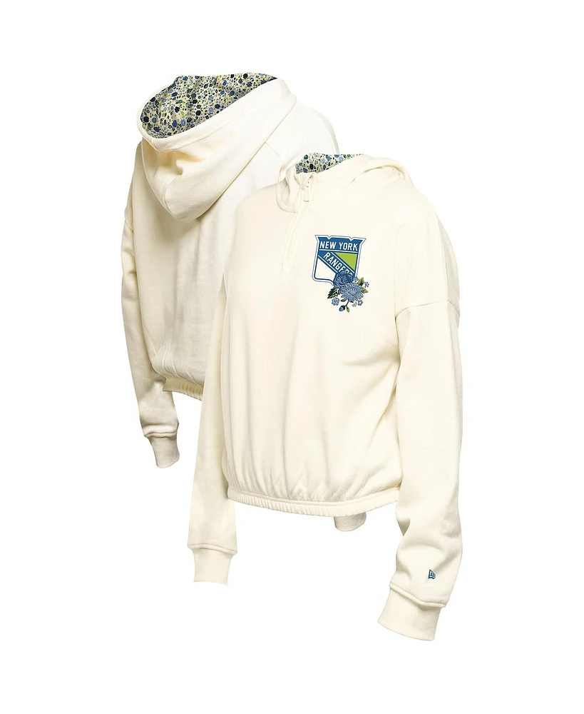 New Era Women's Cream York Rangers Glam Game Quarter-Zip Cropped Floral Hoodie Pullover Top