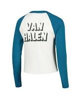 Daydreamer Women's Cream/Teal Van Halen 1980 World Invasion Tour Shrunken Raglan Long Sleeve Crop Top T-Shirt