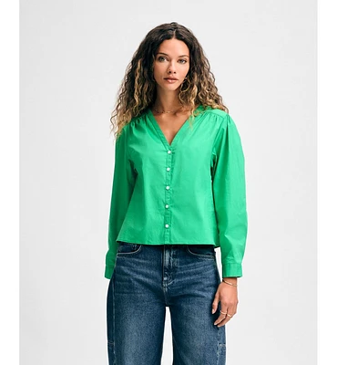 Isaac Mizrahi Women's Long Sleeve V-Neck Button Down Blouse