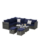 6pc Outdoor Patio Set, Wicker Sofa, Glass Table, Cushions & Pillows