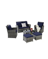 6 Piece Wicker Patio Furniture Sets with Ottoman & Tempered Glass Coffee Table