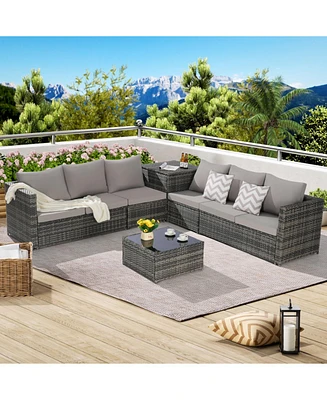 6-Piece Woven Patio Set, L-Shaped Sectional, Corner & Glass Tables