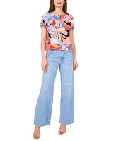 Vince Camuto Women's Tropical-Print Round-Neck Keyhole-Back Cuff-Sleeve Top, Xs-3X