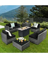 Gymax 9 Pcs Patio Rattan Furniture Set Fire Pit Table Storage Grey W/ Cover