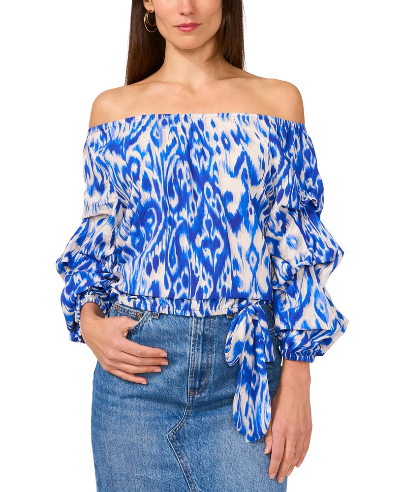 Vince Camuto Women's Ikat-Print Off-The-Shoulder Bubble 3/4-Sleeve Tie-Front Blouse