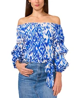 Vince Camuto Women's Ikat-Print Off-The-Shoulder Bubble 3/4-Sleeve Tie-Front Blouse