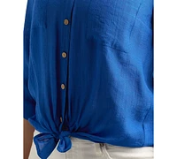 Bcx Juniors' Textured Roll-Sleeve Button-Front Top