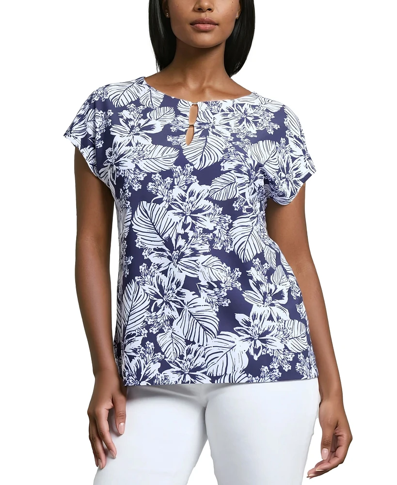 Jones New York Women's Leaf-Print Extended-Shoulder Top