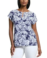 Jones New York Women's Leaf-Print Extended-Shoulder Top