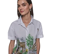 Karl Lagerfeld Paris Women's Cotton Crop Scene Button-Front Top