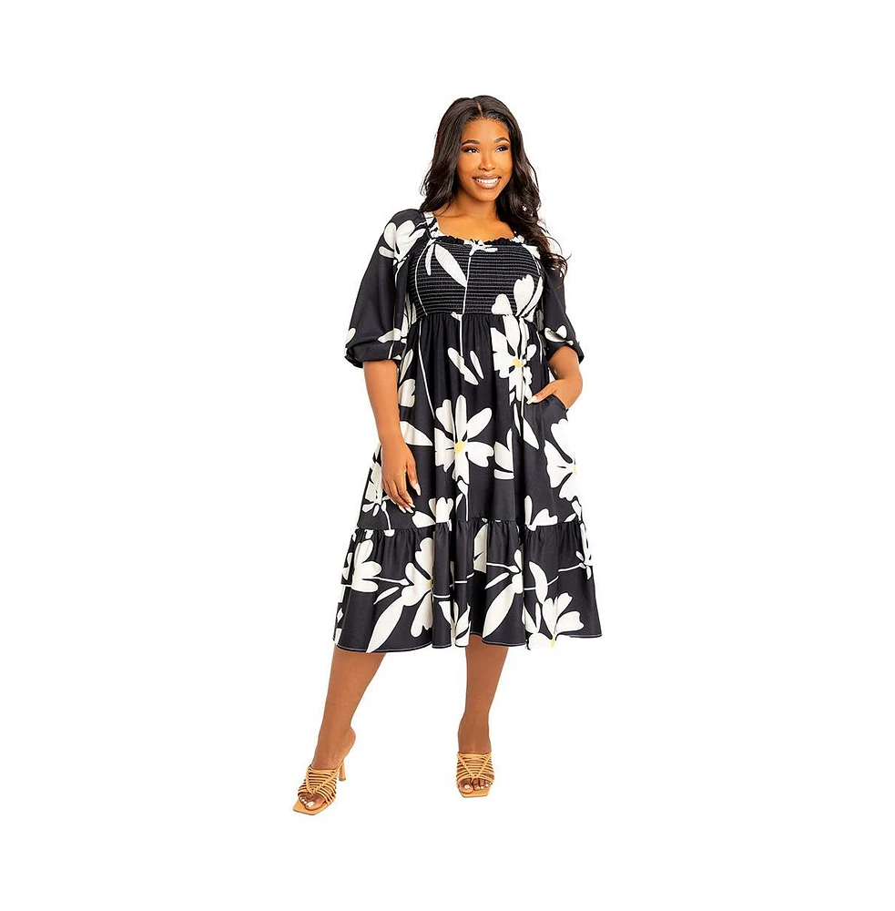 Buxom Couture Women's Plus Floral Smocked Puff Sleeve Dress