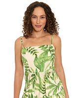 London Times Petite Leaf-Print Tiered Smocked Dress