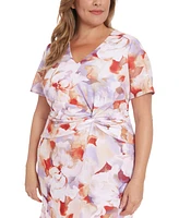 London Times Plus Floral-Print Twist-Front Midi Dress