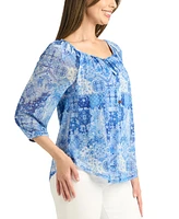 Bcx Juniors' Printed-Mesh Peasant 3/4-Sleeve Top