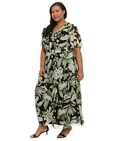 London Times Plus Floral-Print Smocked Maxi Dress