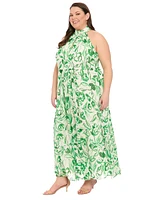 London Times Plus Floral-Print Halter Maxi Dress