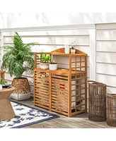 Outsunny Wood Air Conditioner Fence Privacy Screen Potting Table w/ Shelves