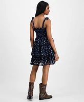 Celebrity Pink Juniors' Floral-Print Smocked Tiered Chiffon Mini Dress