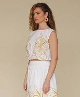 Avec Les Filles Women's Sleeveless Embroidered Drawstring-Hem Top