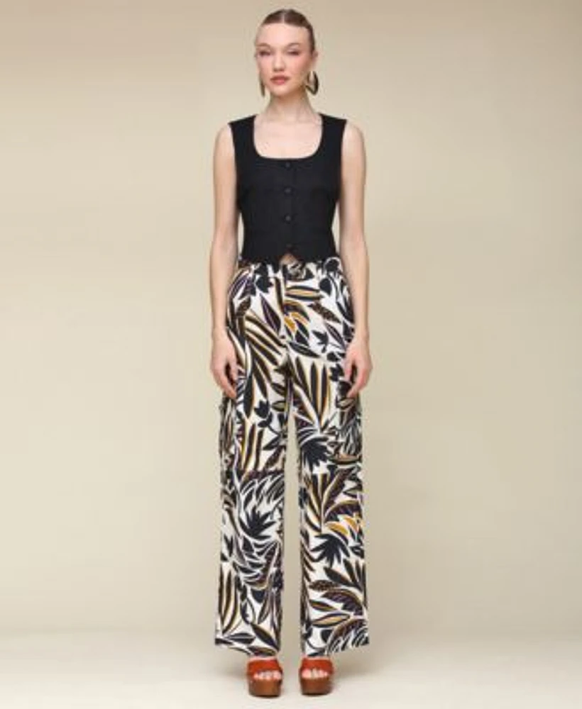 Avec Les Filles Womens Linen Blend Cropped Vest Printed Linen Blend Cargo Pants