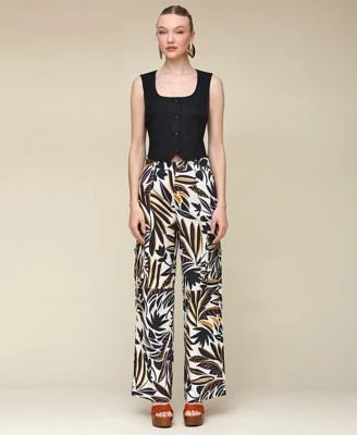 Avec Les Filles Womens Linen Blend Cropped Vest Printed Linen Blend Cargo Pants