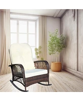 Outdoor wicker rocking chair with cushion, Patio, garden, backyard, Beige