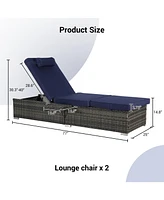 Outdoor chaise lounge set (2) with storage, adjustable backrests, table, cushions