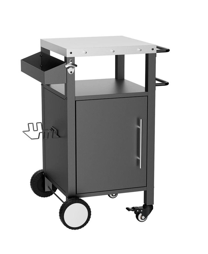Black Outdoor Grill Cart, Rolling Bbq Table with Storage & Hooks