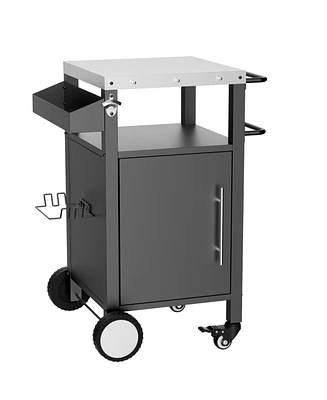 Black Outdoor Grill Cart, Rolling Bbq Table with Storage & Hooks