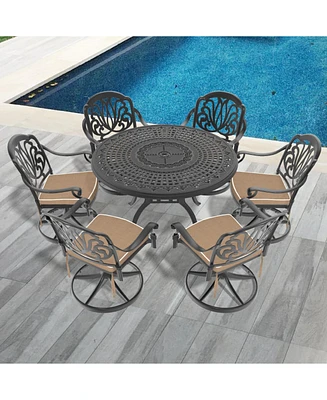 7-Pc Cast Aluminum Dining Set, 6 Swivel Chairs, 47" Round Table, Black Frame